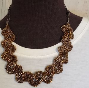 Glittery brown bead braided necklace with black chain